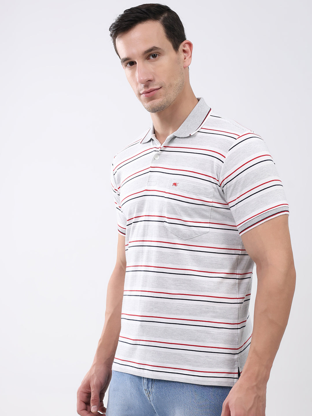 Men Grey Stripe Collar Half Sleeve T-Shirt