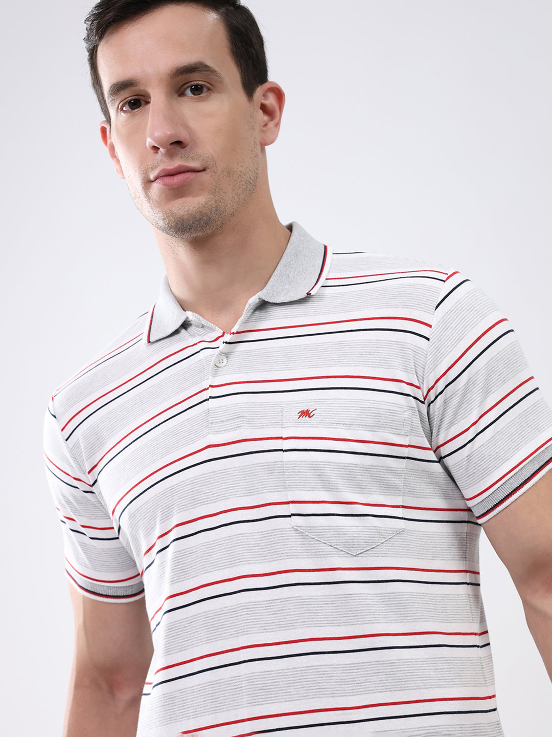 Men Grey Stripe Collar Half Sleeve T-Shirt