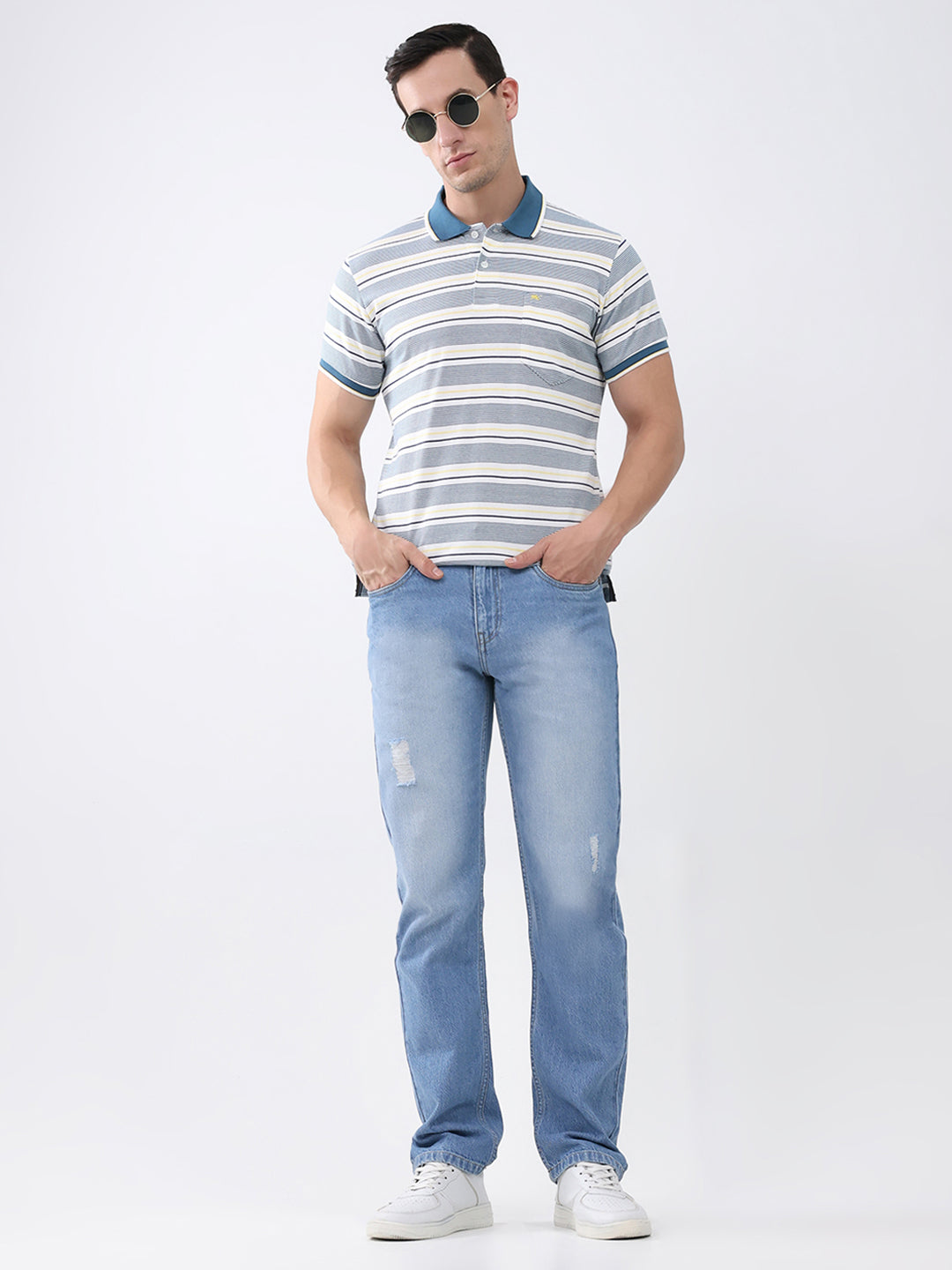 Men Teal Blue Stripe Stand Collar Half Sleeve T-Shirt