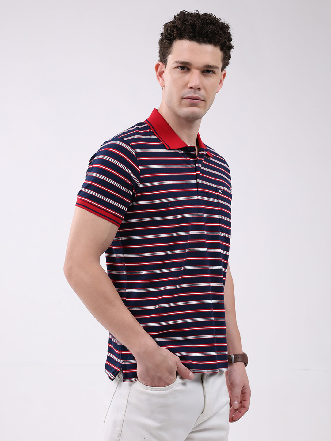 Men Navy Blue Stripe Collar Half Sleeve T-Shirt