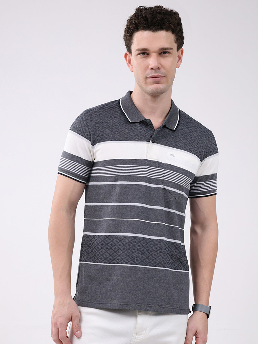 Men Grey Stripe Collar Half Sleeve T-Shirt