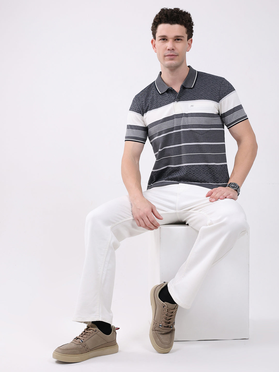 Men Grey Stripe Collar Half Sleeve T-Shirt