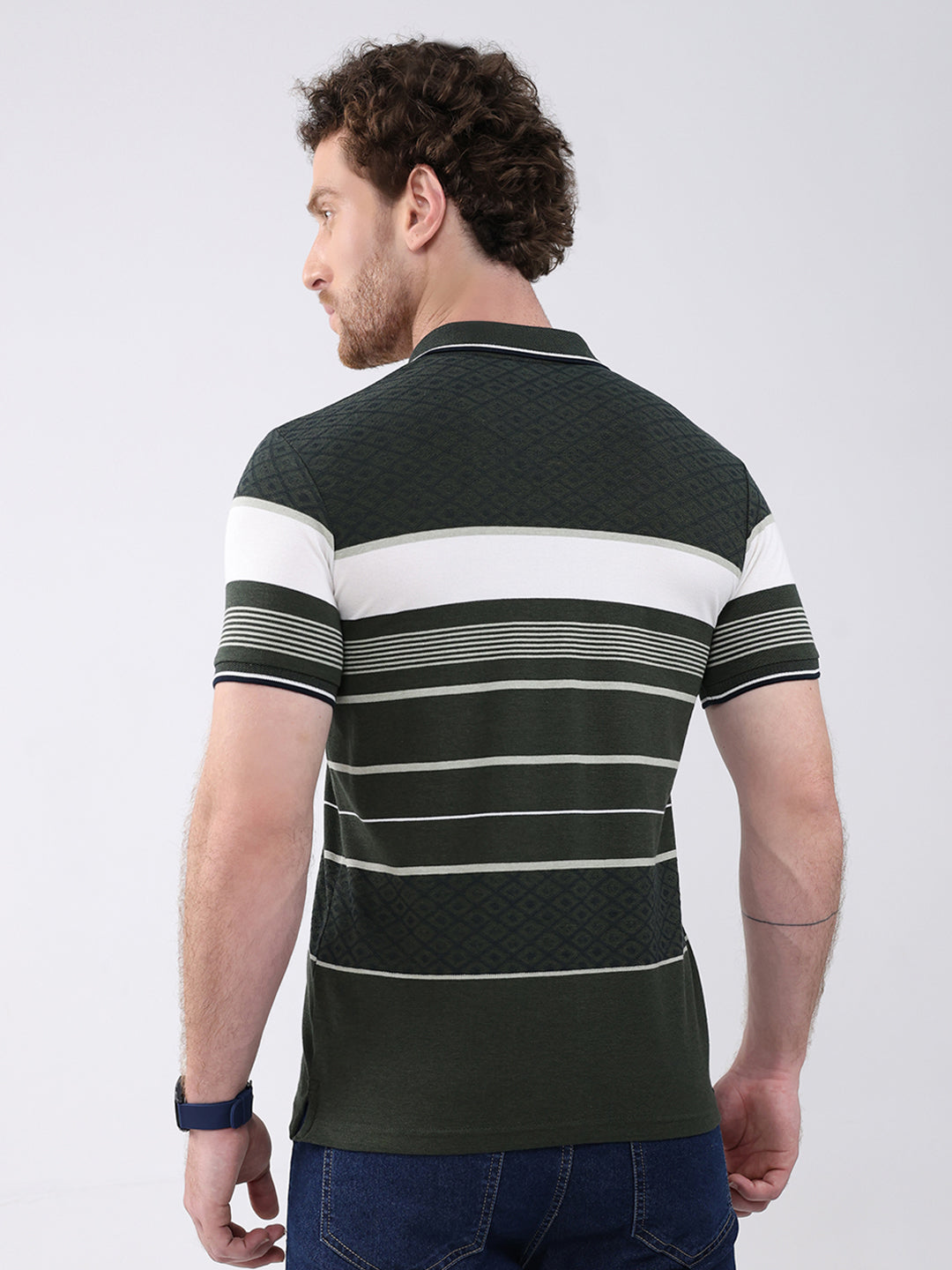 Men Olive Stripe Collar Half Sleeve T-Shirt