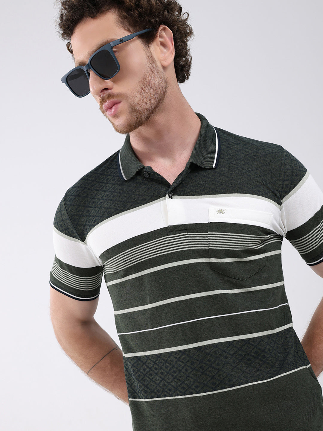 Men Olive Stripe Collar Half Sleeve T-Shirt