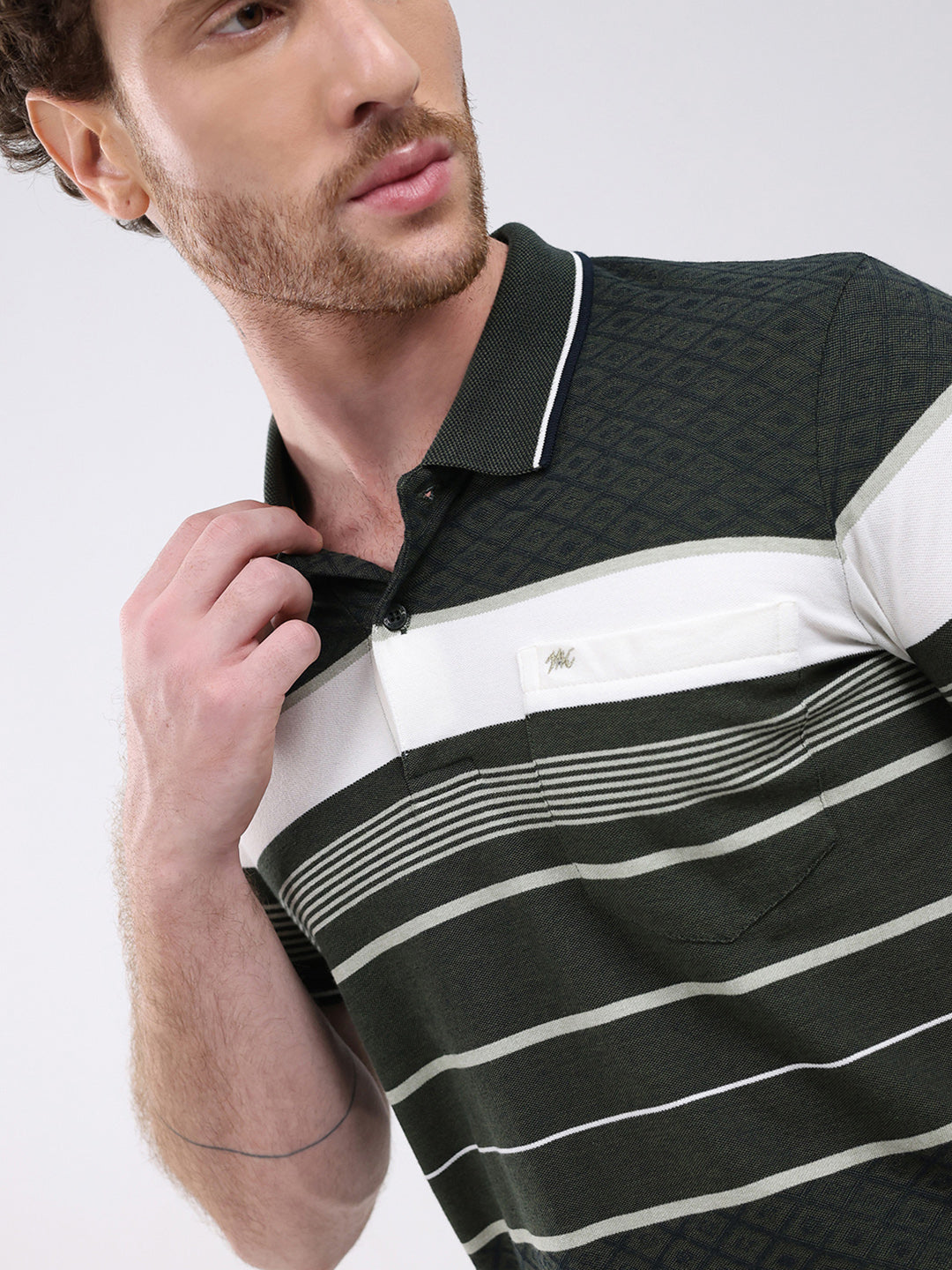 Men Olive Stripe Collar Half Sleeve T-Shirt
