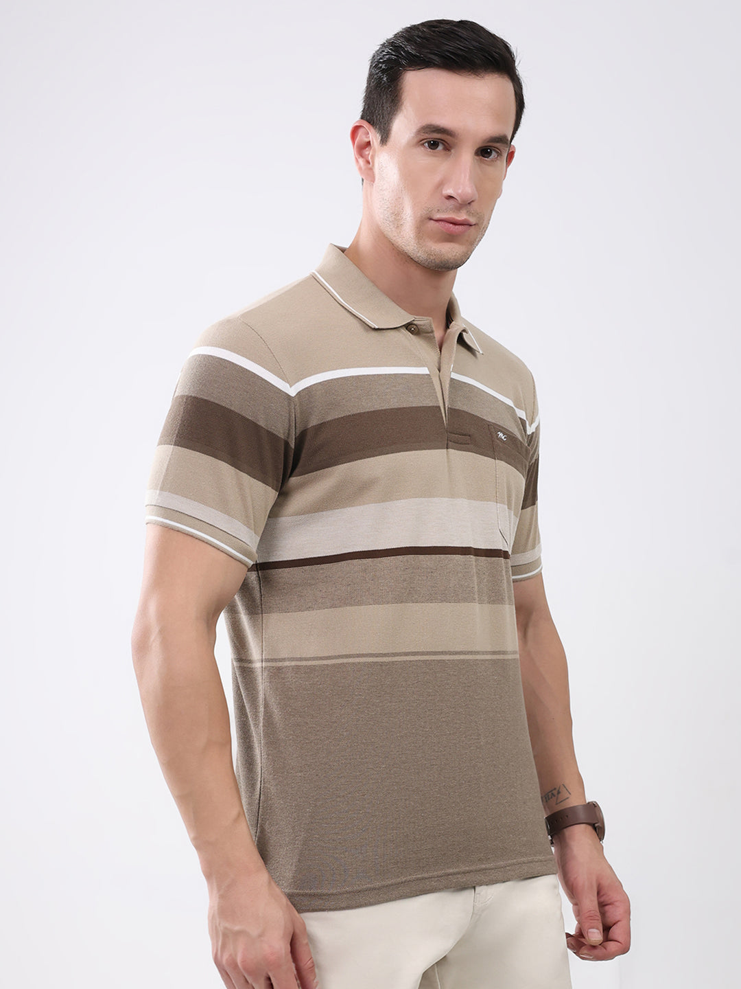 Men Brown Stripe Collar Half Sleeve T-Shirt