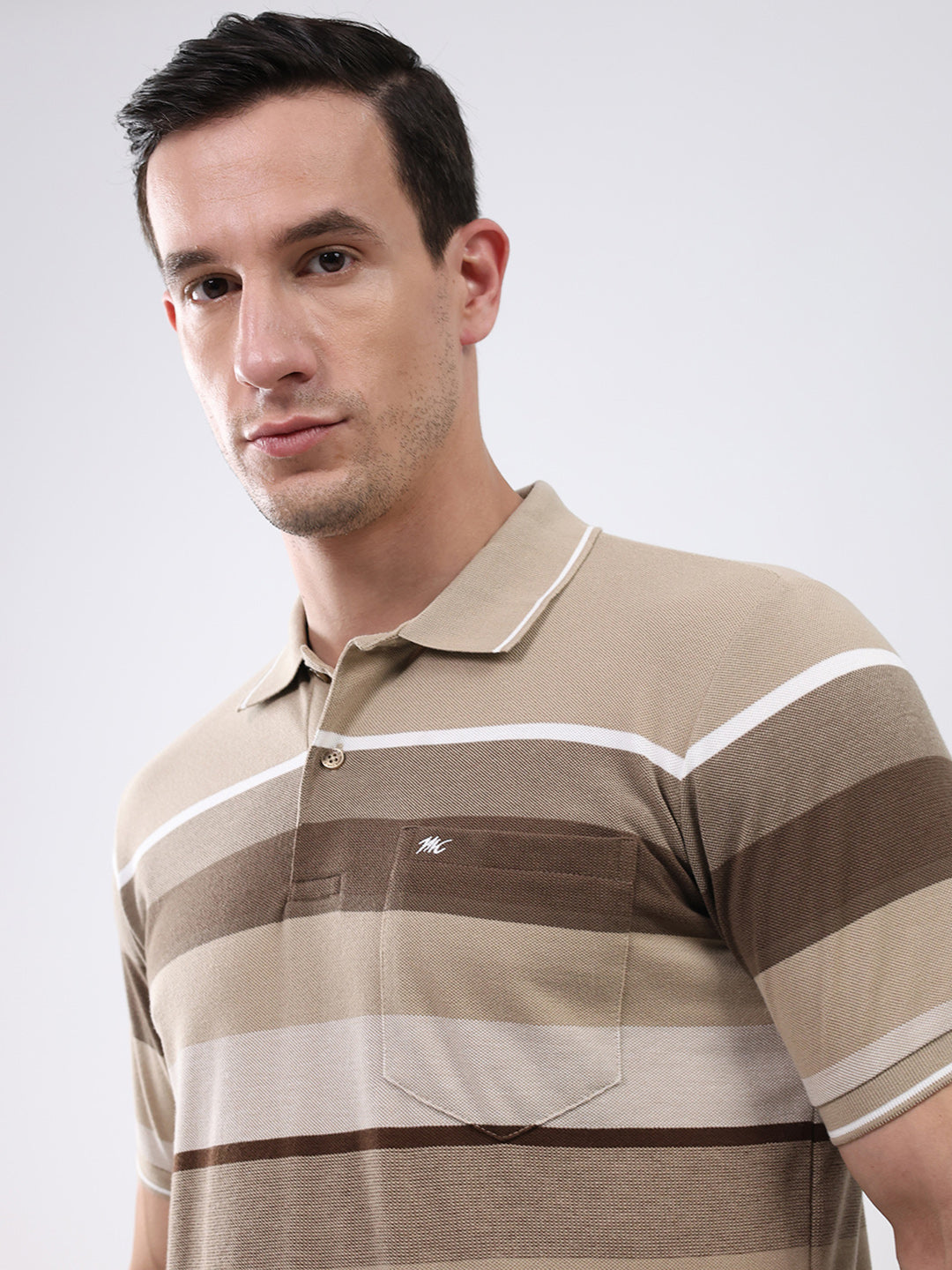 Men Brown Stripe Collar Half Sleeve T-Shirt