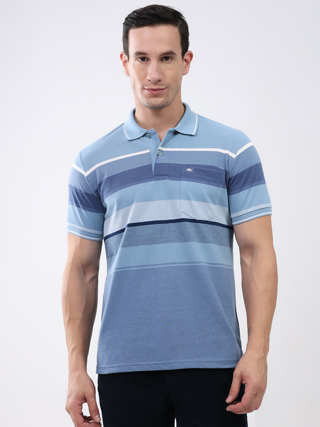 Men Blue Stripe Collar Half Sleeve T-Shirt