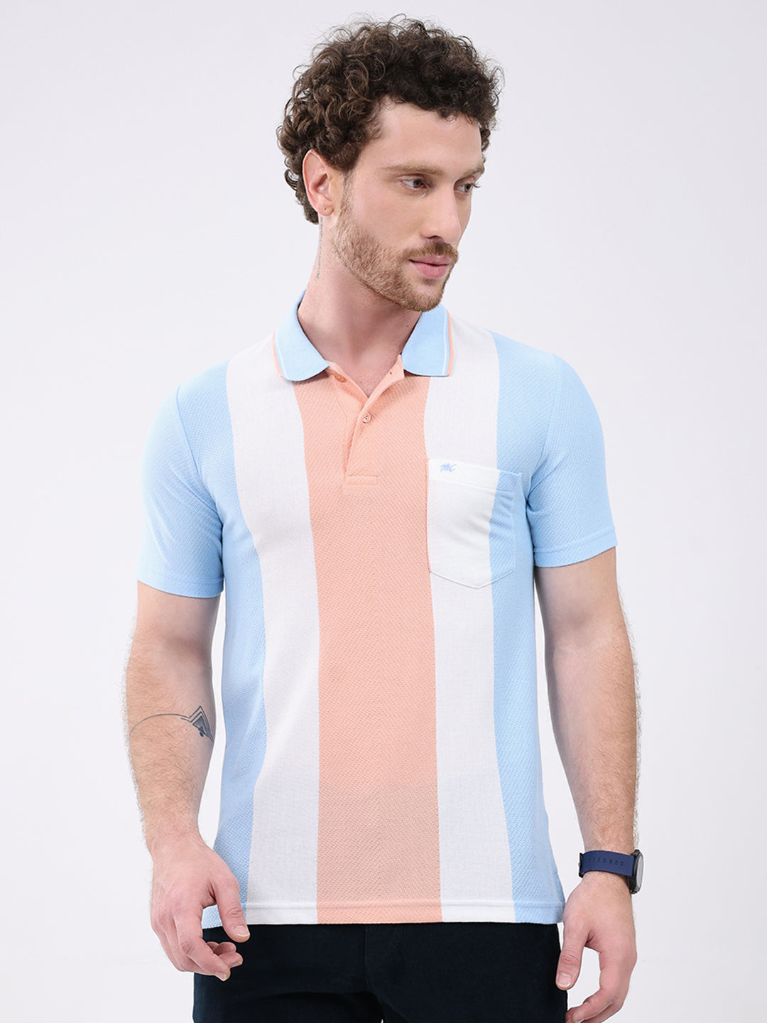 Men Peach Stripe Collar Half Sleeve T-Shirt