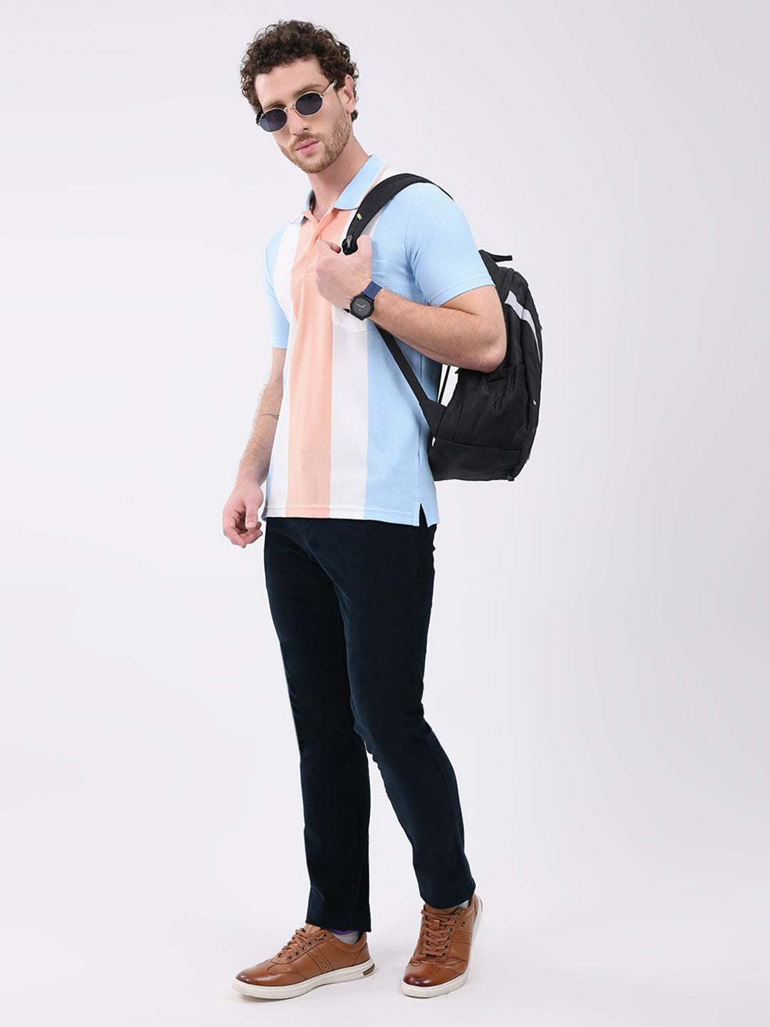 Men Peach Stripe Collar Half Sleeve T-Shirt