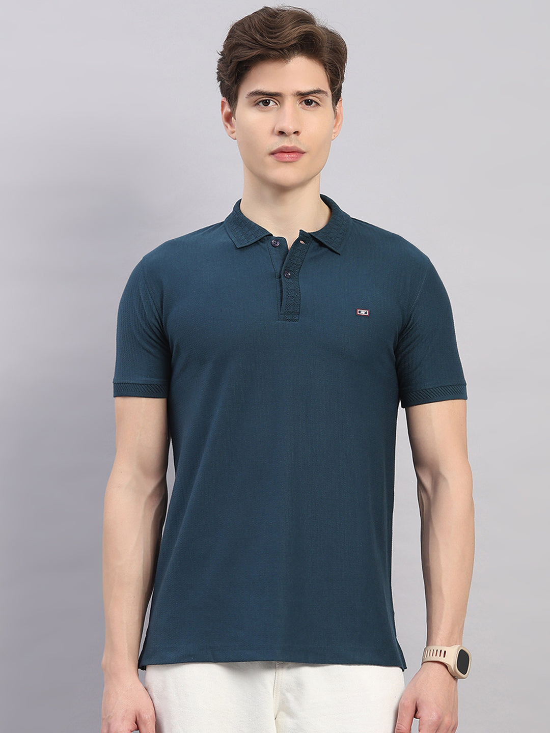 Men Teal Blue Geometric Stand Collar Half Sleeve T-Shirt