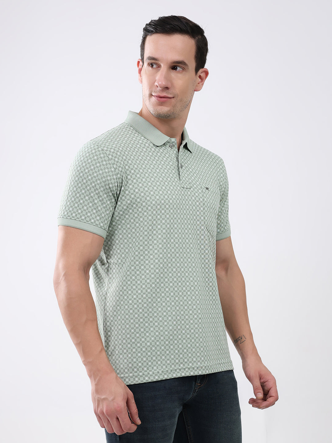 Men Green Printed Collar Half Sleeve T-Shirt