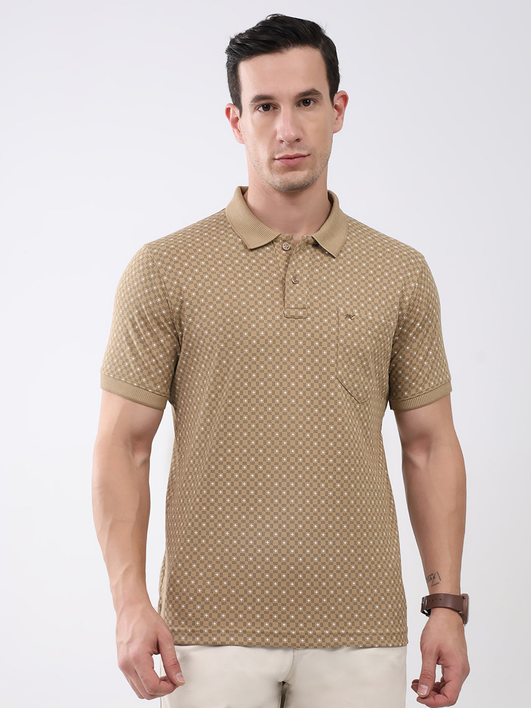Men Khaki Printed Collar Half Sleeve T-Shirt
