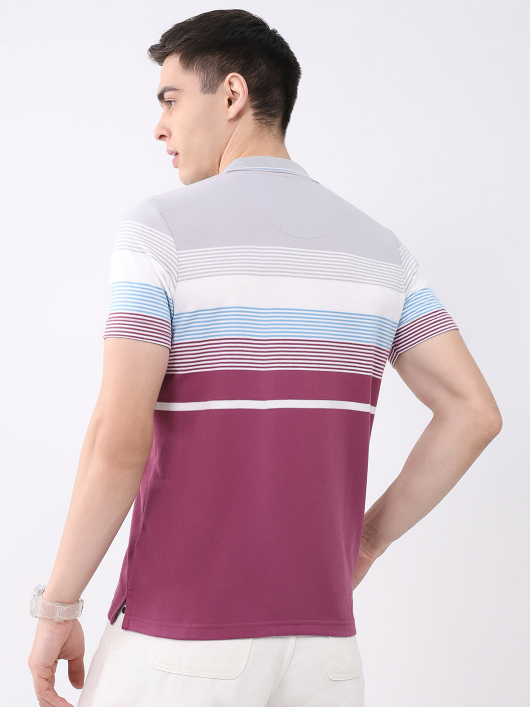 Men Multicolor Stripe Collar Half Sleeve T-Shirt