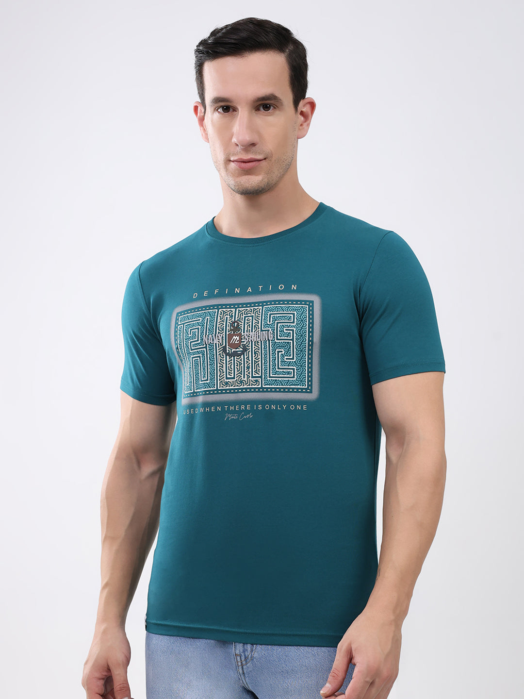 Men Teal Blue Printed Round Neck Half Sleeve T-Shirt