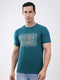 Men Teal Blue Printed Round Neck Half Sleeve T-Shirt
