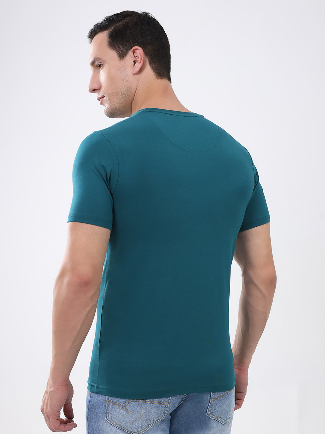Men Teal Blue Printed Round Neck Half Sleeve T-Shirt