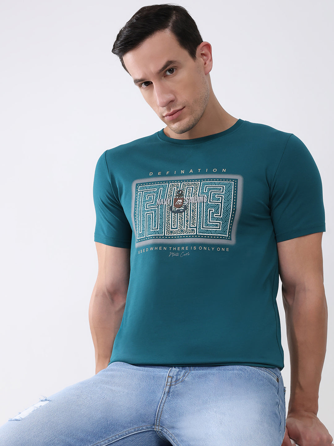Men Teal Blue Printed Round Neck Half Sleeve T-Shirt