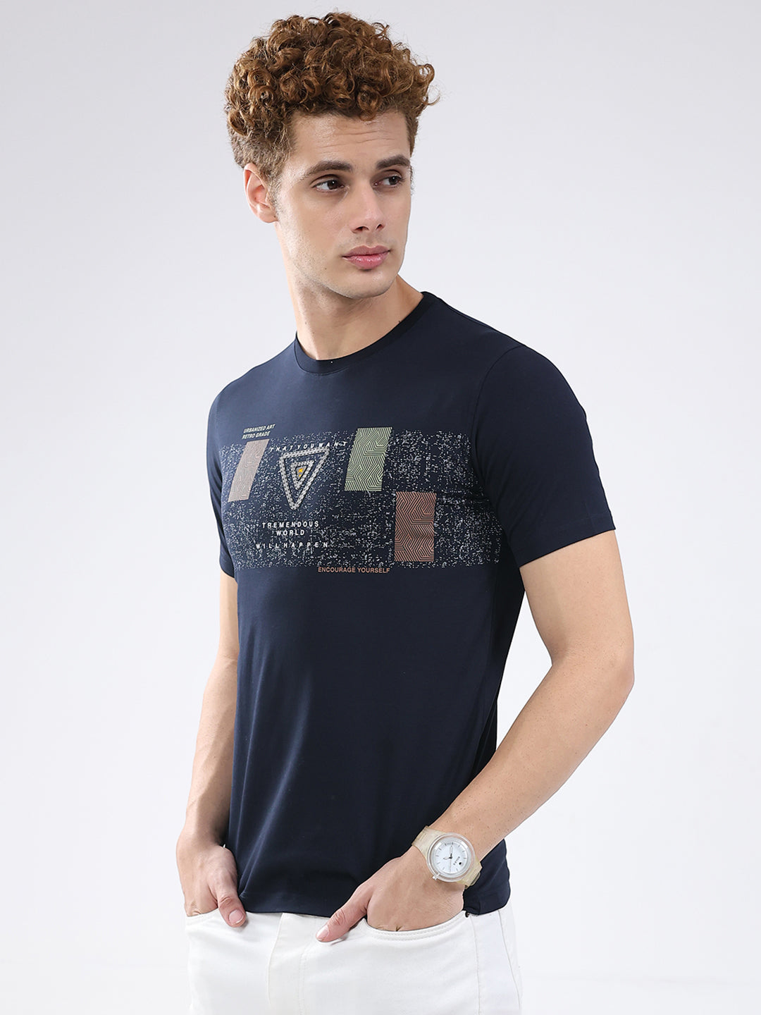 Men Navy Blue Printed Round Neck Half Sleeve T-Shirt