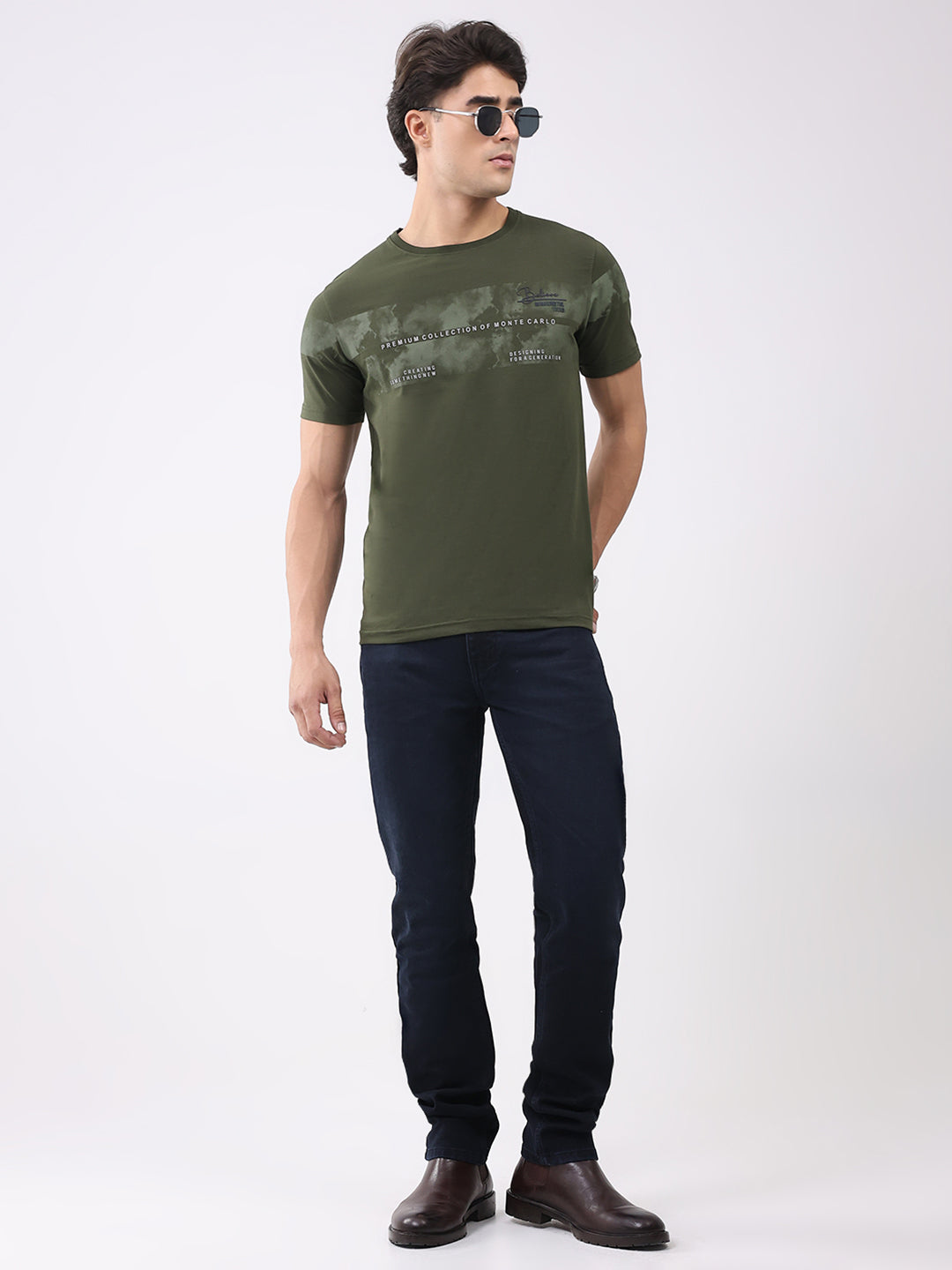 Men Olive Solid Round Neck Half Sleeve T-Shirt