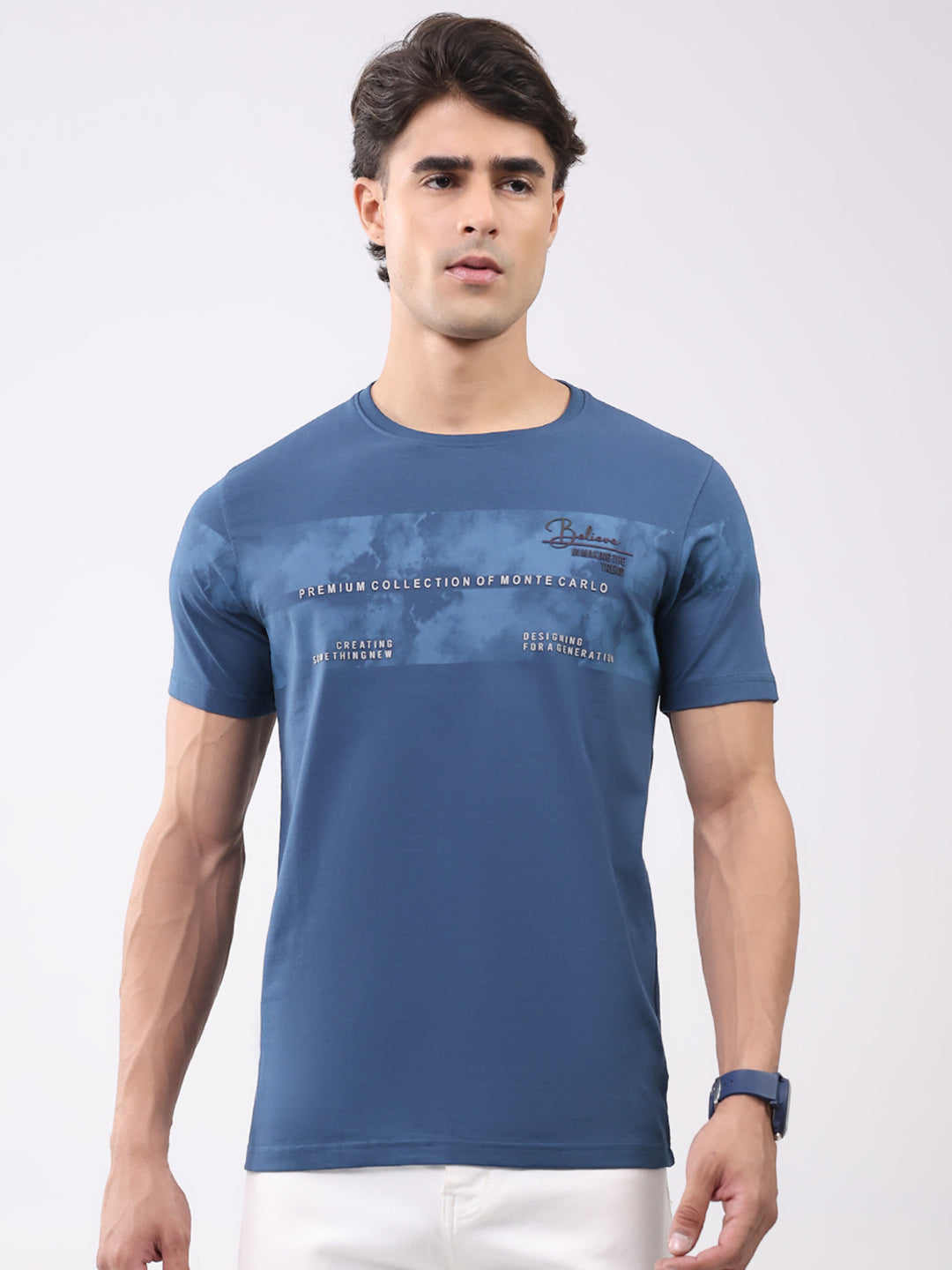 Men Blue Solid Round Neck Half Sleeve T-Shirt