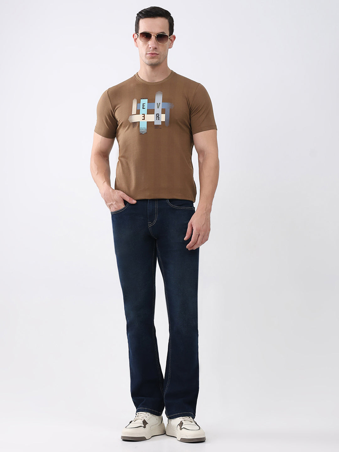 Men Brown Printed Round Neck Half Sleeve T-Shirt