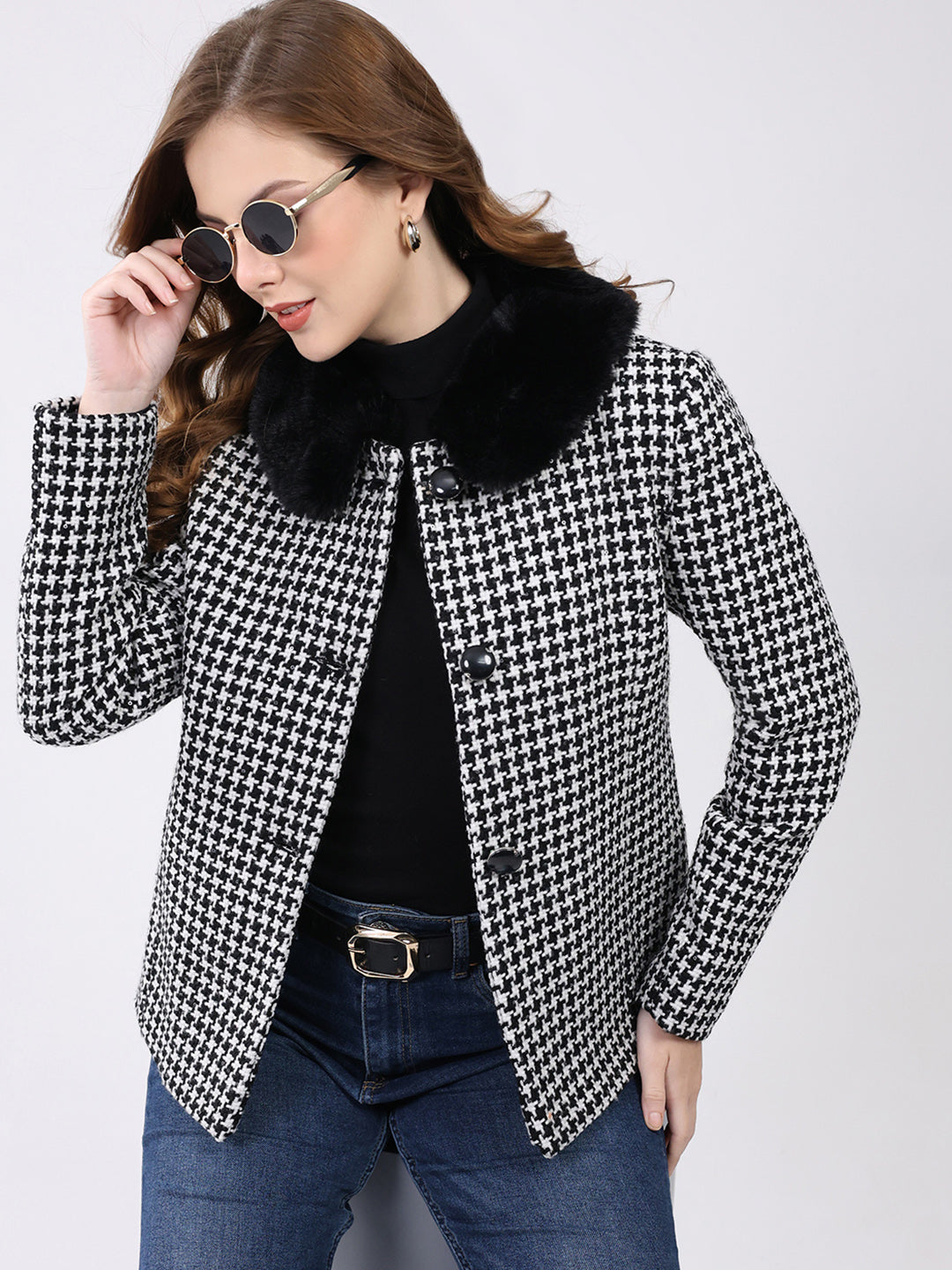 Women Black Self Design Collar Full Sleeve Coat