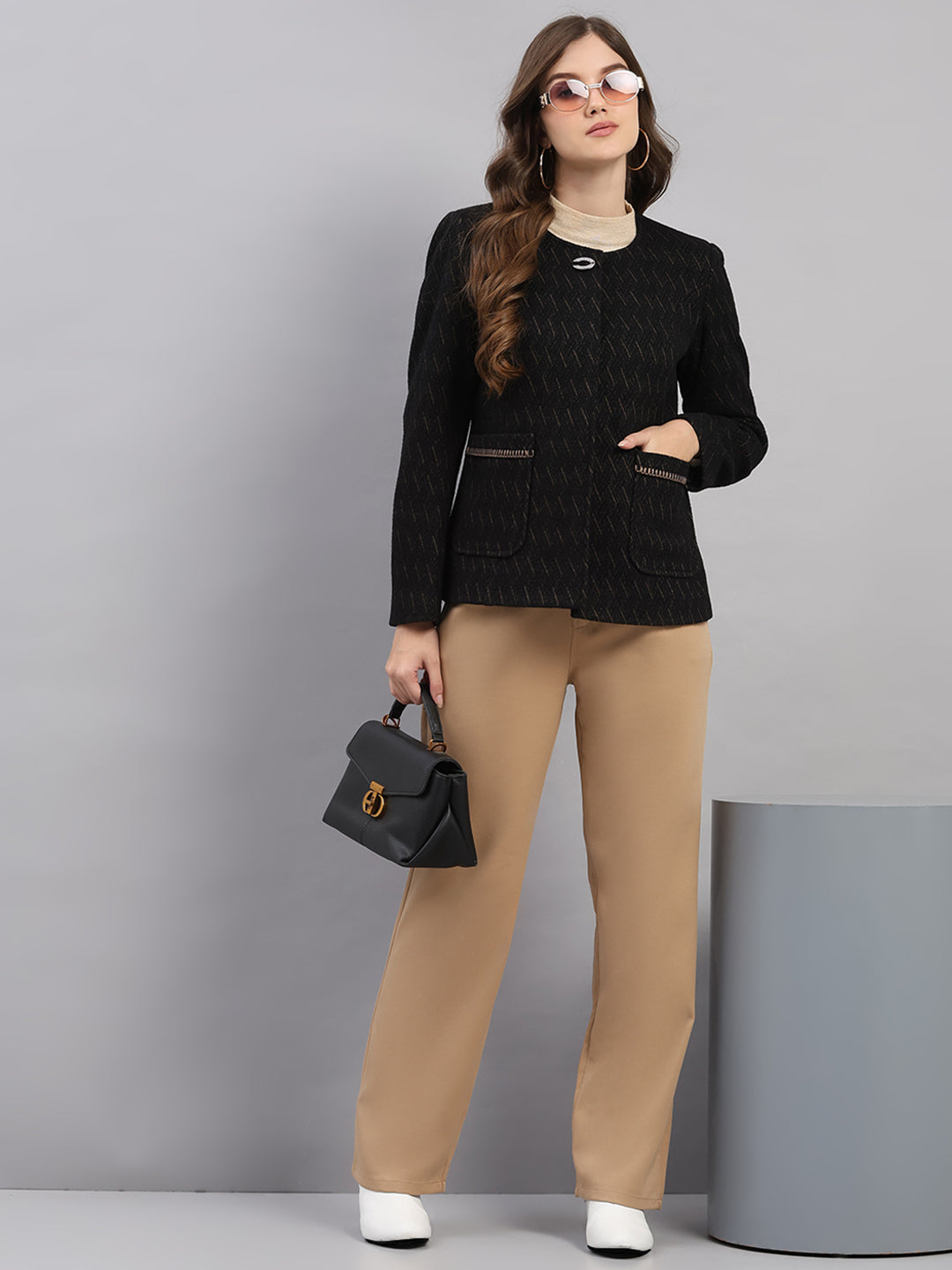 Women Black Self Design Collar Full Sleeve Coat