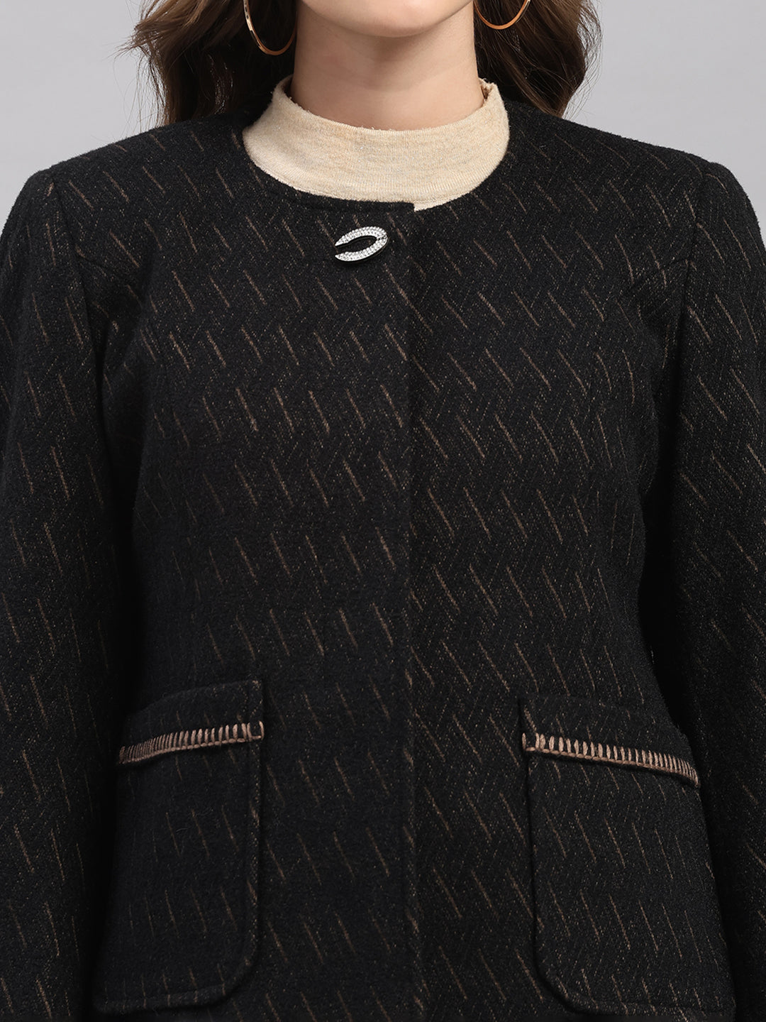 Women Black Self Design Collar Full Sleeve Coat