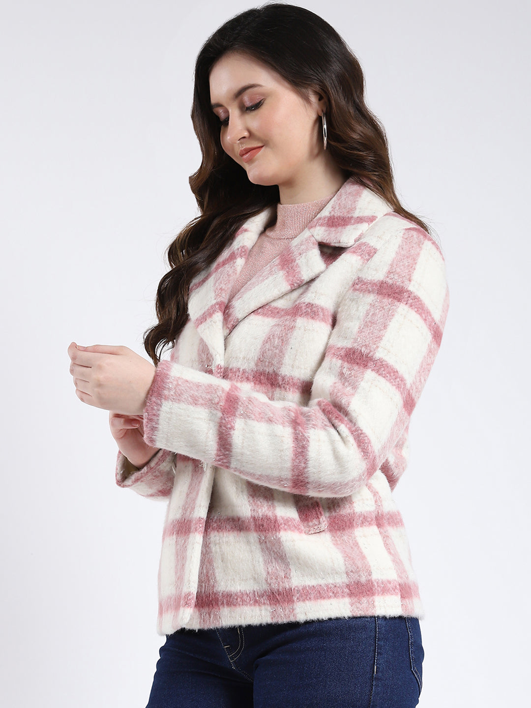 Women Pink Check Notch Lapel Collar Full Sleeve Coat