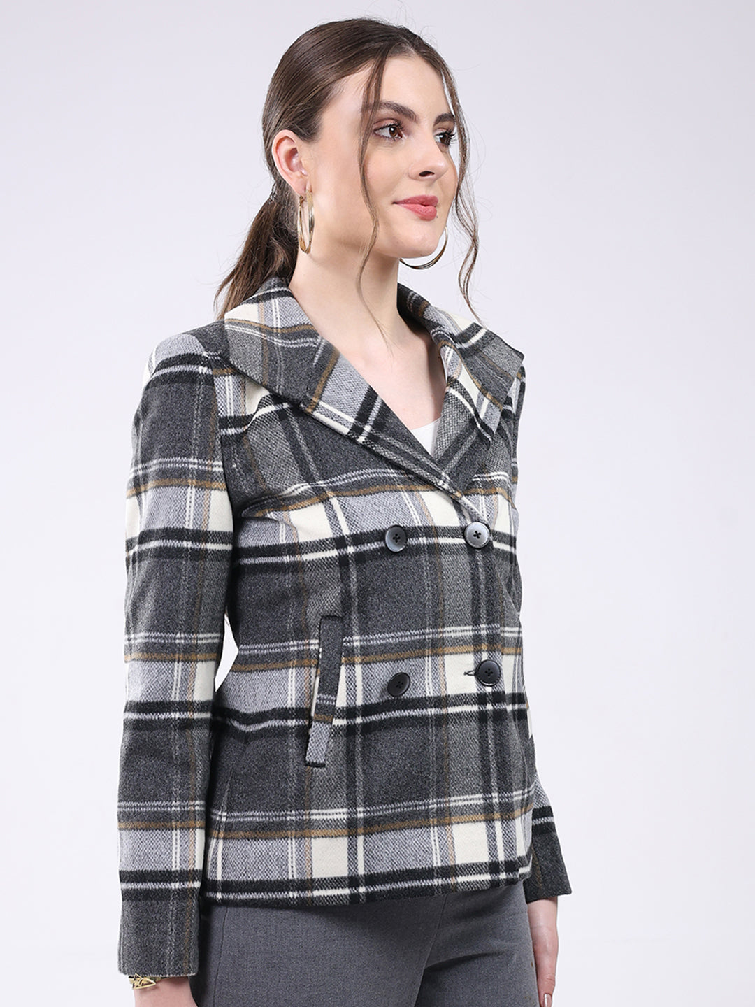 Women Grey Check Notch Lapel Collar Full Sleeve Coat