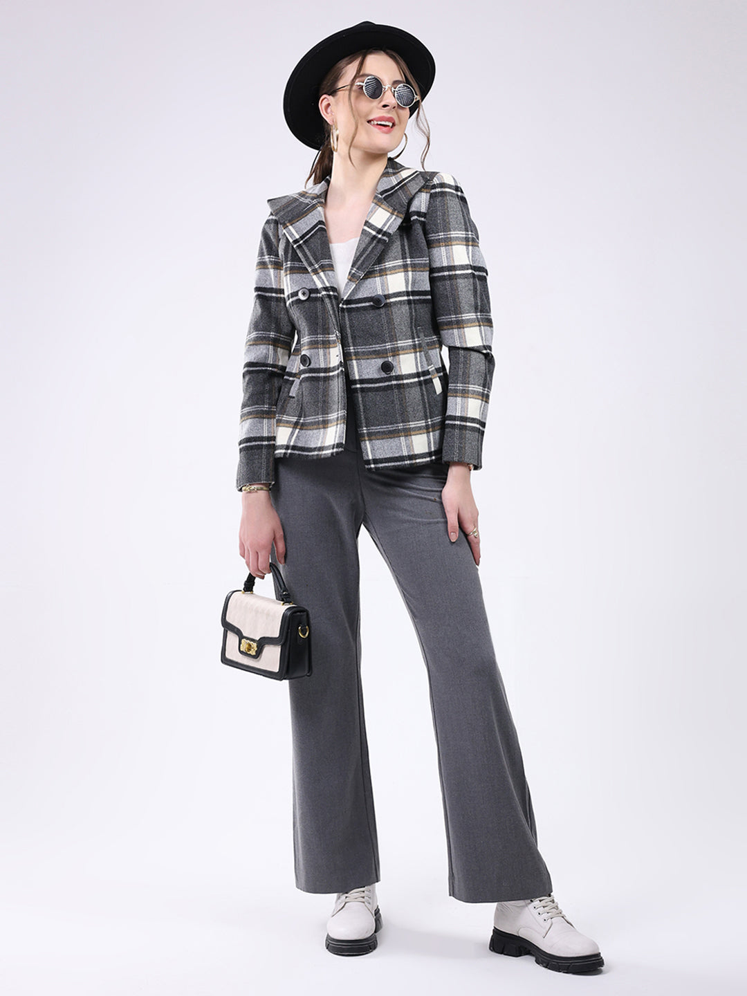 Women Grey Check Notch Lapel Collar Full Sleeve Coat