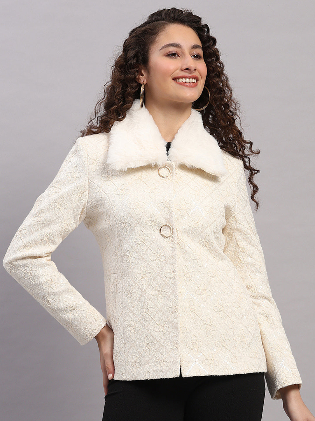 Women Beige Embroidered Collar Full Sleeve Coat