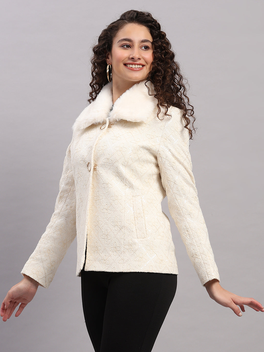 Women Beige Embroidered Collar Full Sleeve Coat