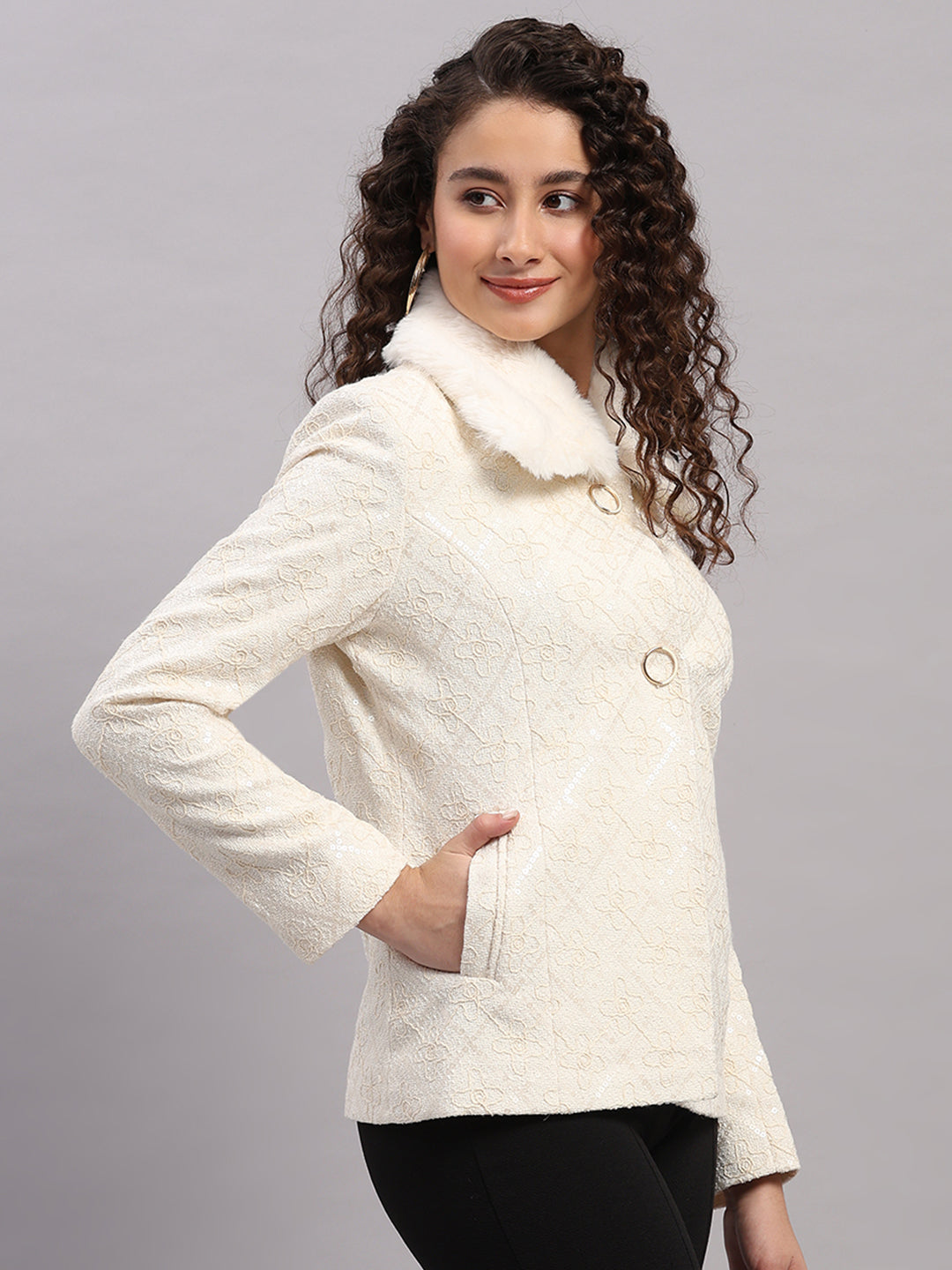 Women Beige Embroidered Collar Full Sleeve Coat