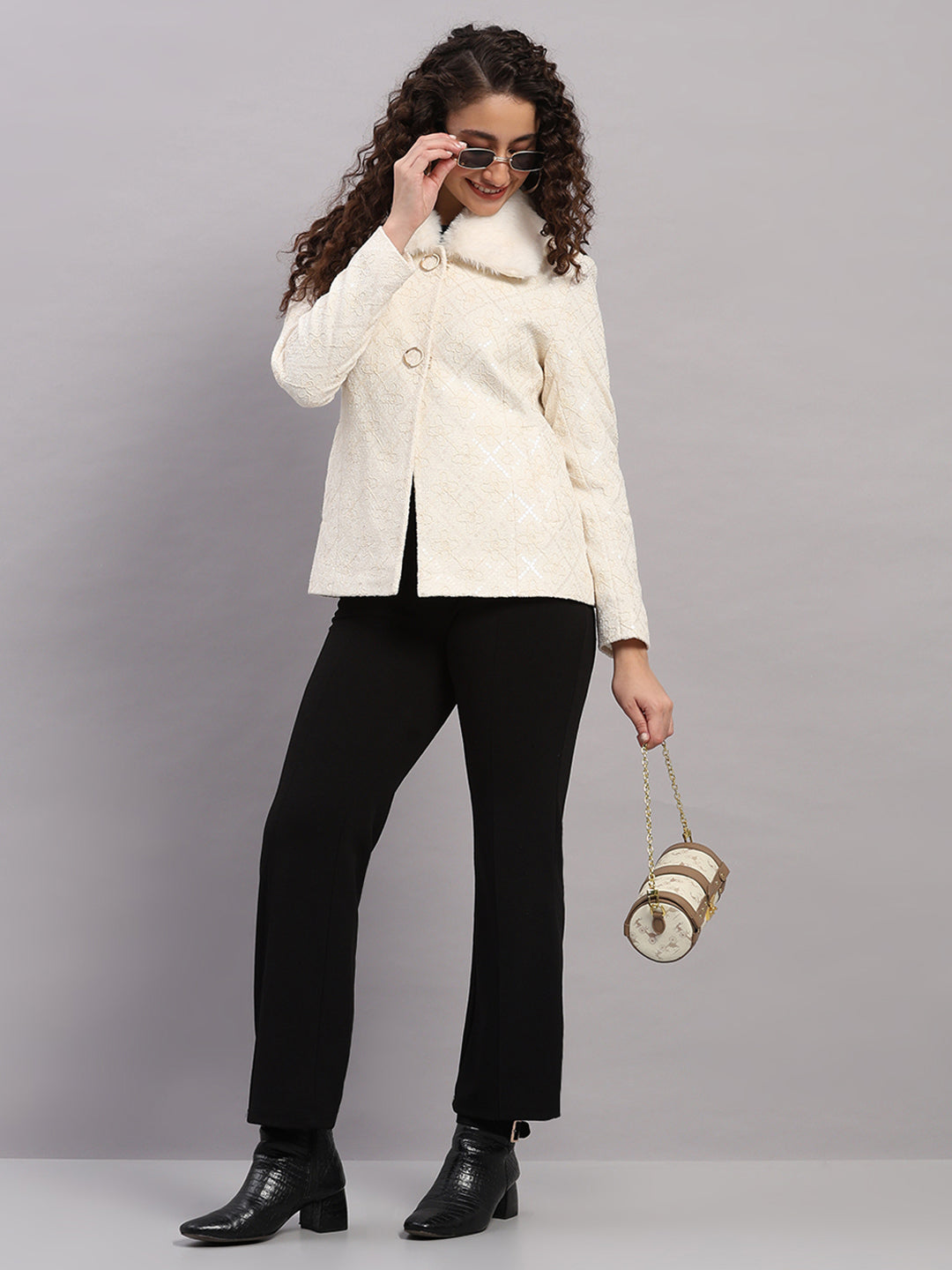 Women Beige Embroidered Collar Full Sleeve Coat