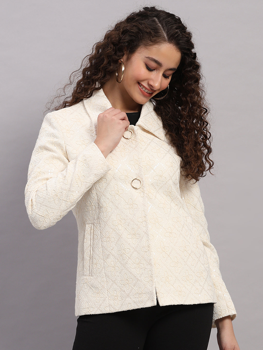 Women Beige Embroidered Collar Full Sleeve Coat