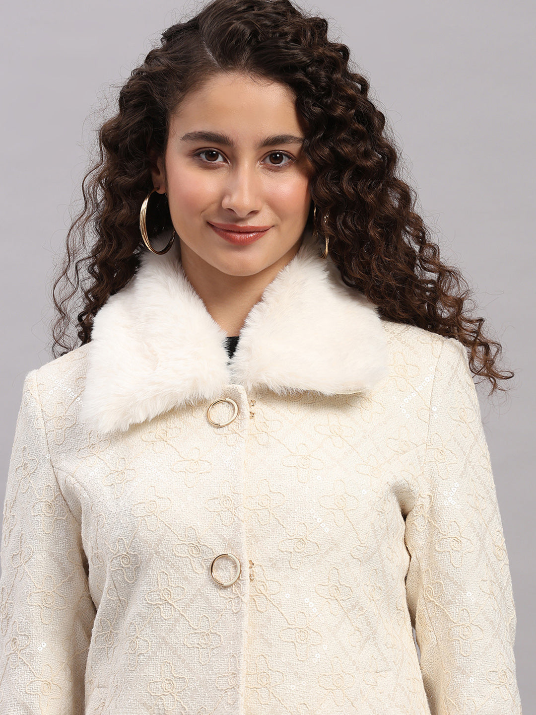 Women Beige Embroidered Collar Full Sleeve Coat