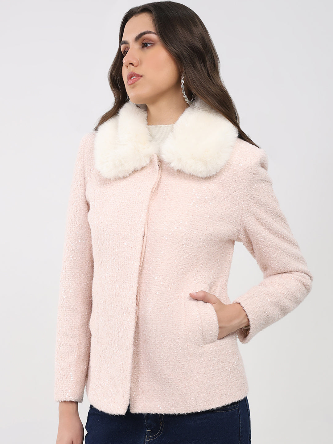 Women Peach Solid Collar Full Sleeve Coat