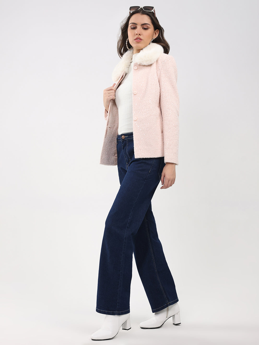 Women Peach Solid Collar Full Sleeve Coat