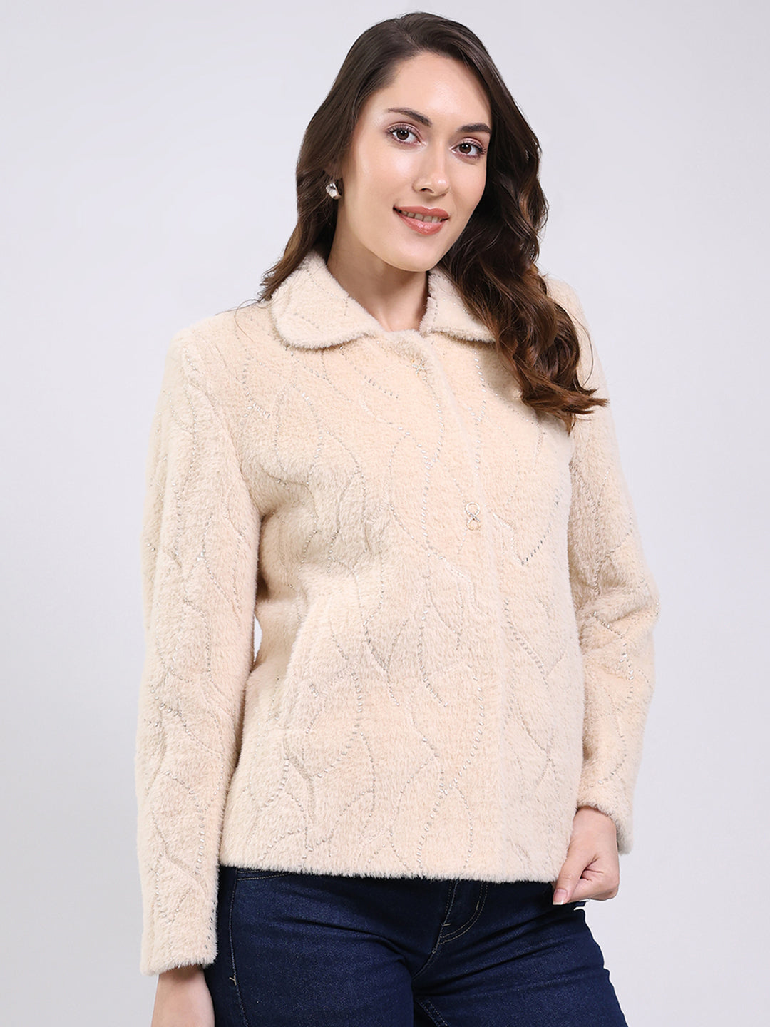 Women Beige Self Design Collar Full Sleeve Coat