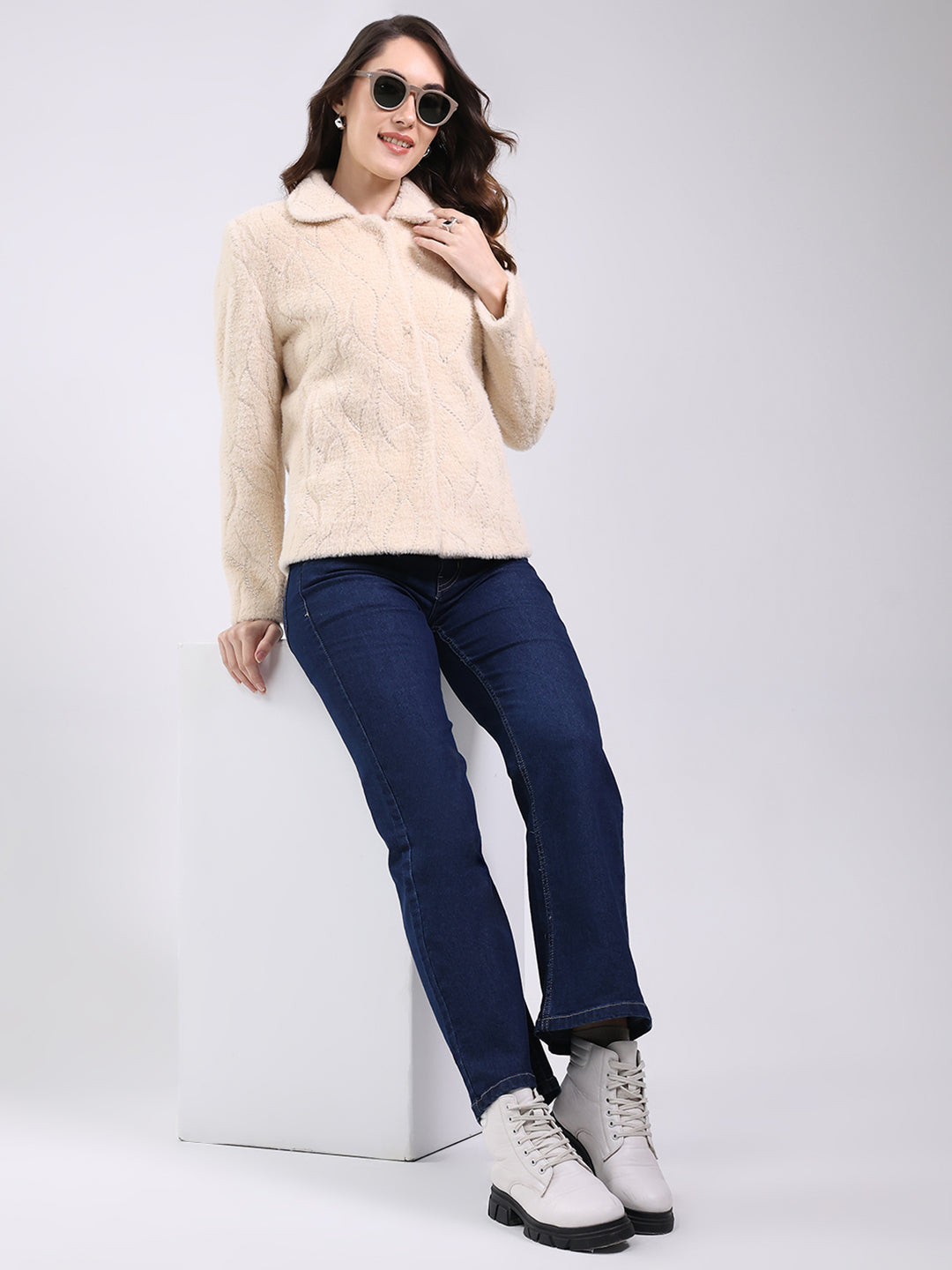 Women Beige Self Design Collar Full Sleeve Coat