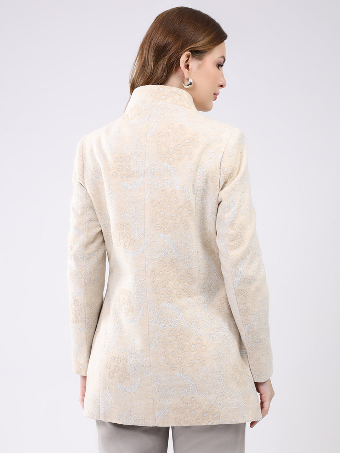 Women Beige Self Design Band Neck Full Sleeve Coat