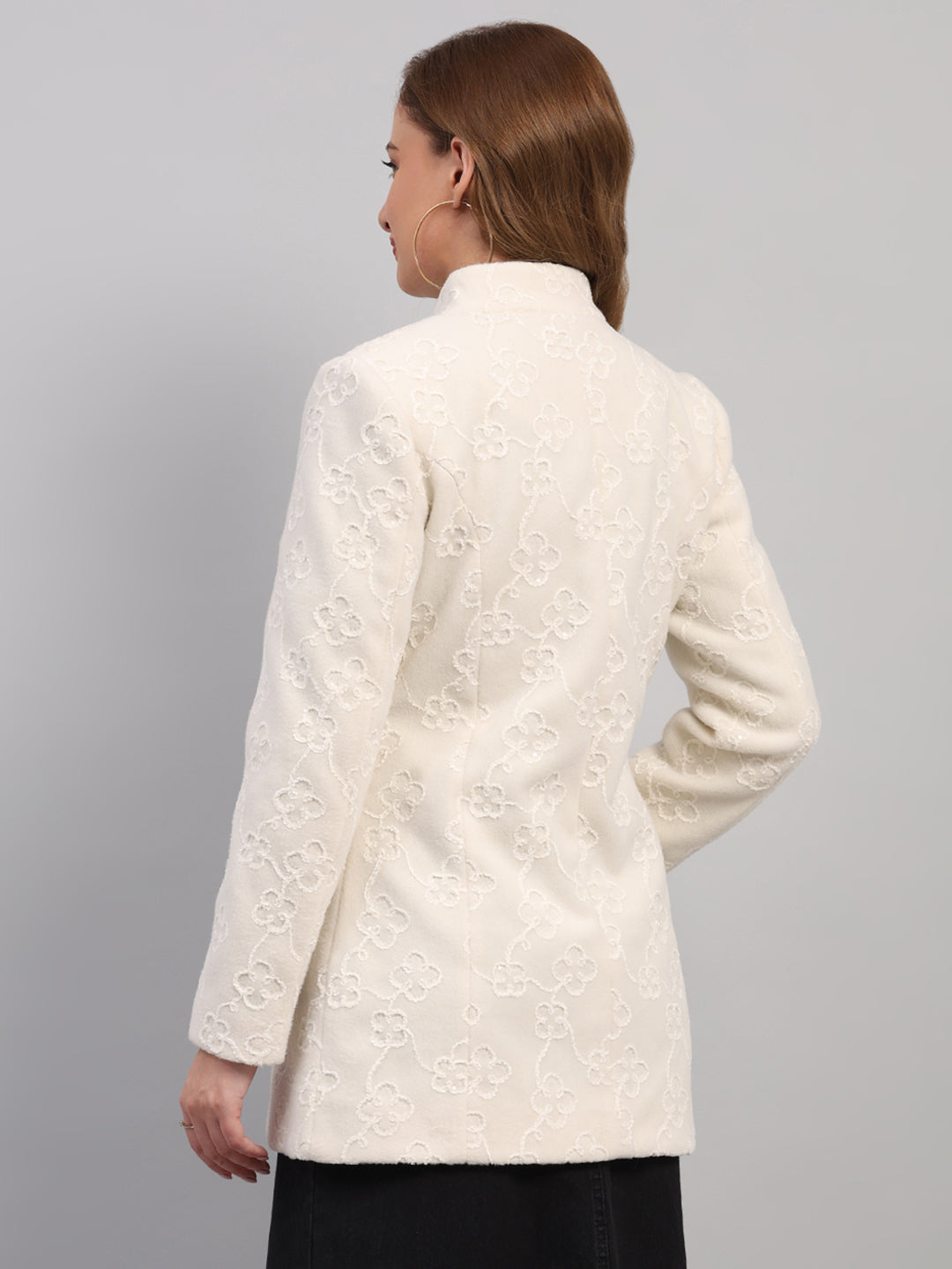Women Off White Embroidered Collar Full Sleeve Coat