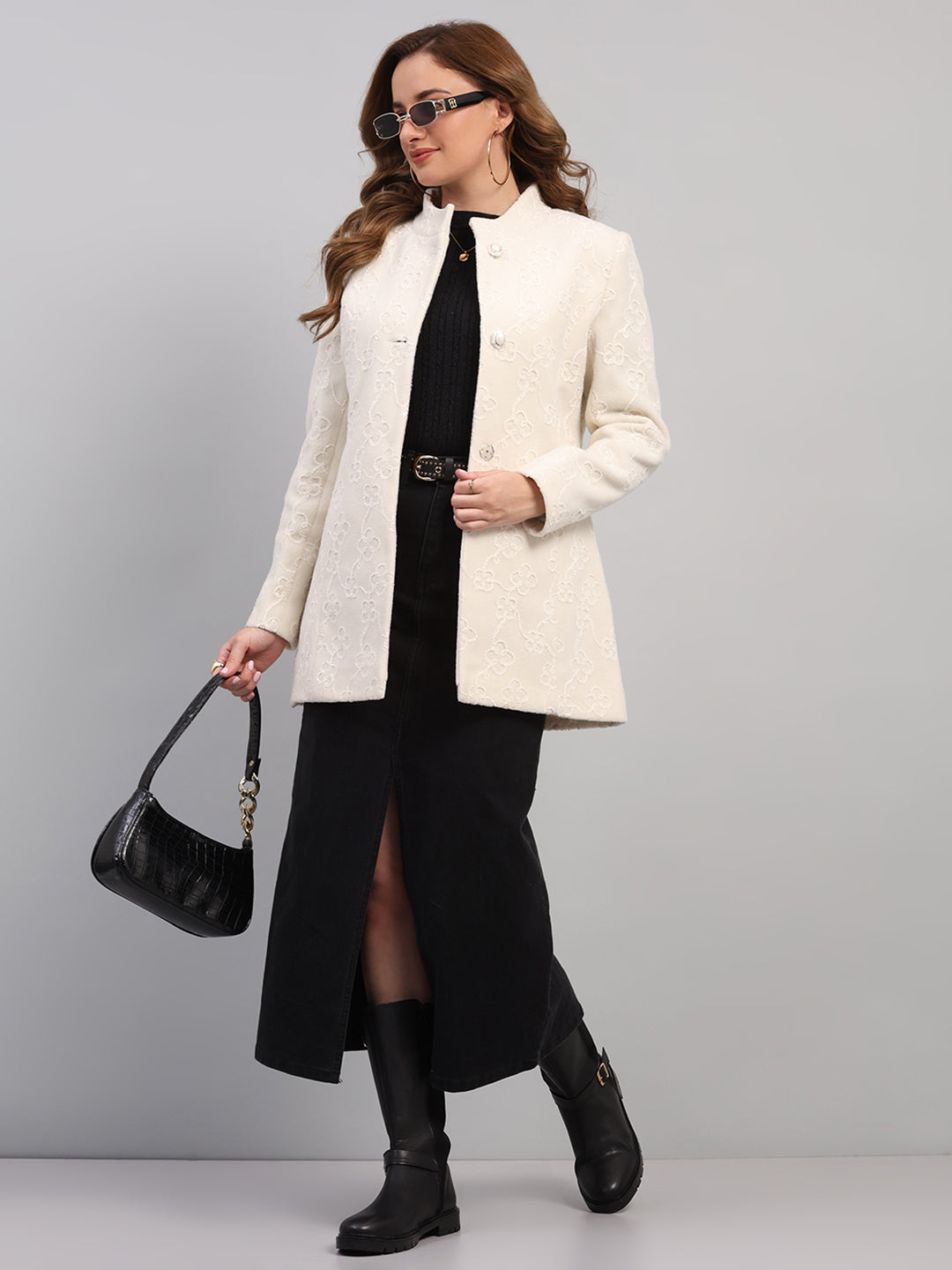 Women Off White Embroidered Collar Full Sleeve Coat