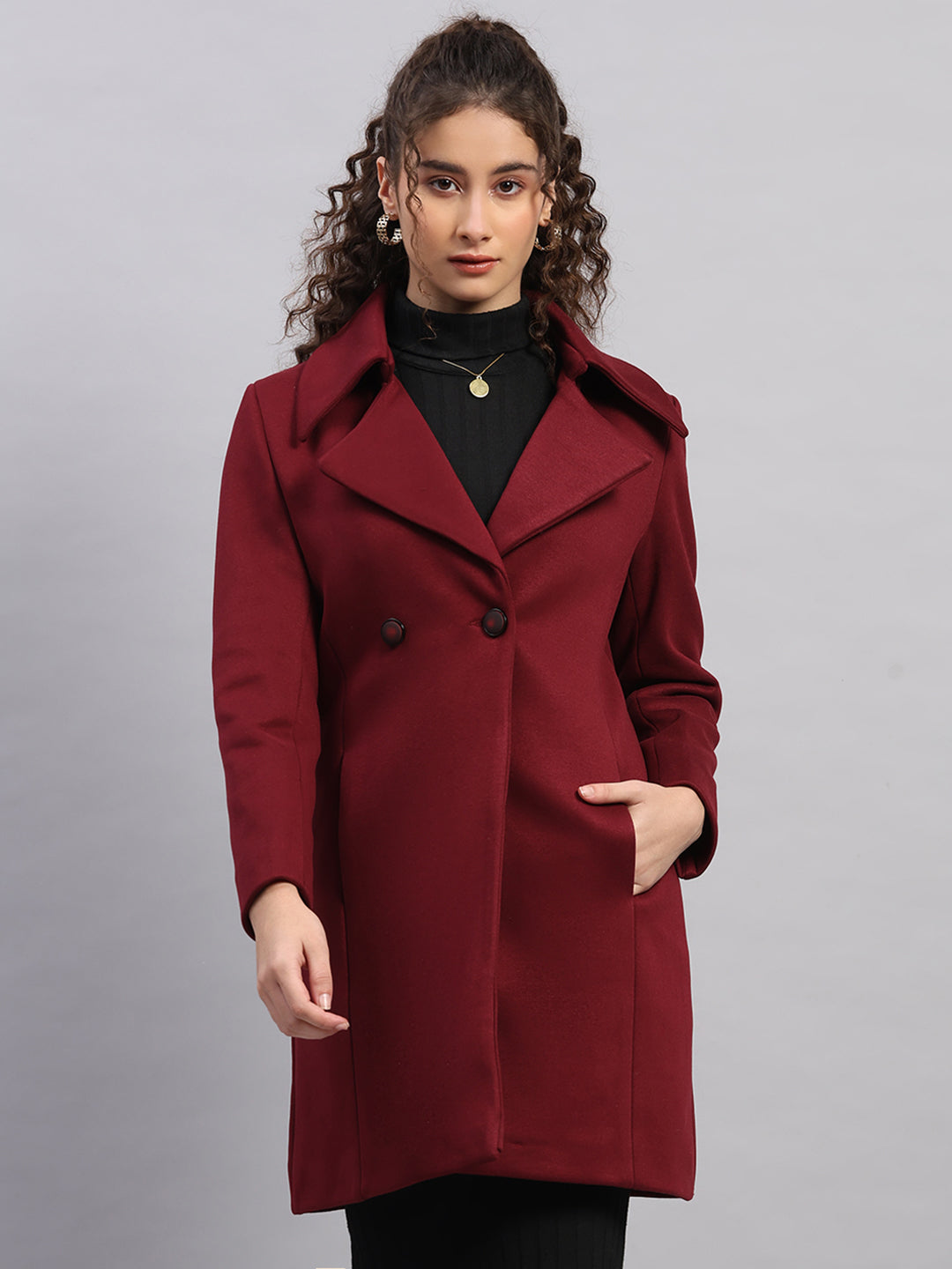 Women Burgundy Solid Collar Full Sleeve Long Coat