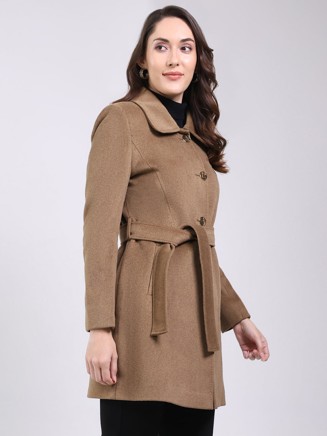 Women Camel Brown Solid Collar Full Sleeve Coat