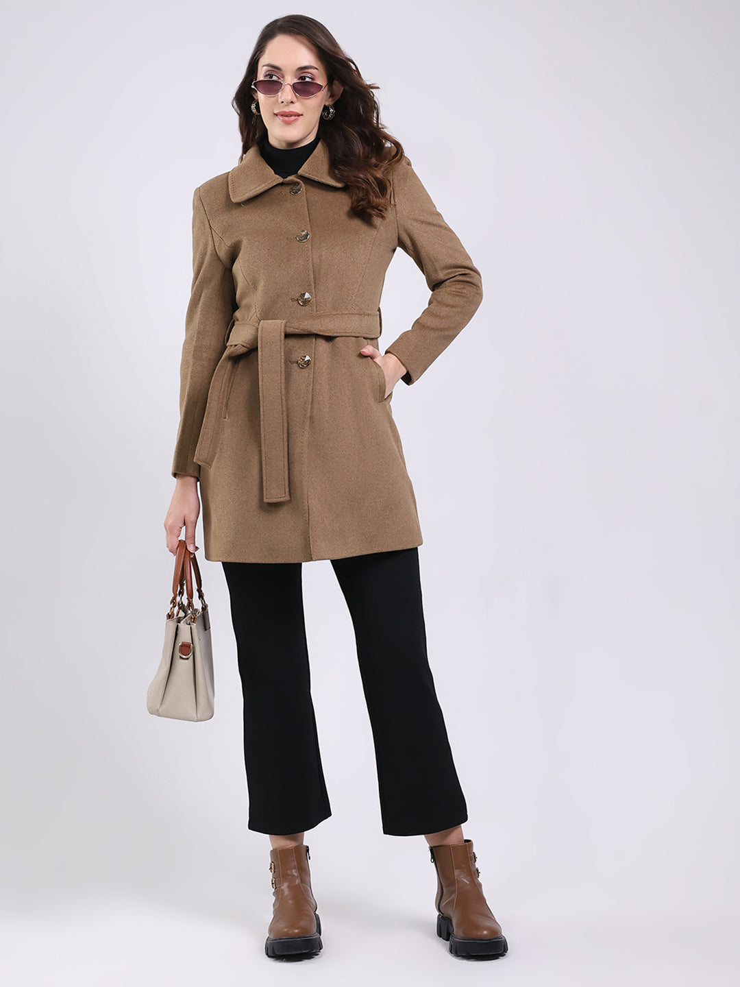Women Camel Brown Solid Collar Full Sleeve Coat