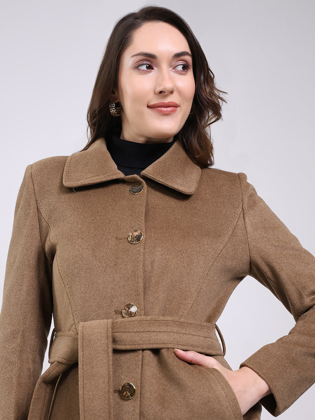 Women Camel Brown Solid Collar Full Sleeve Coat
