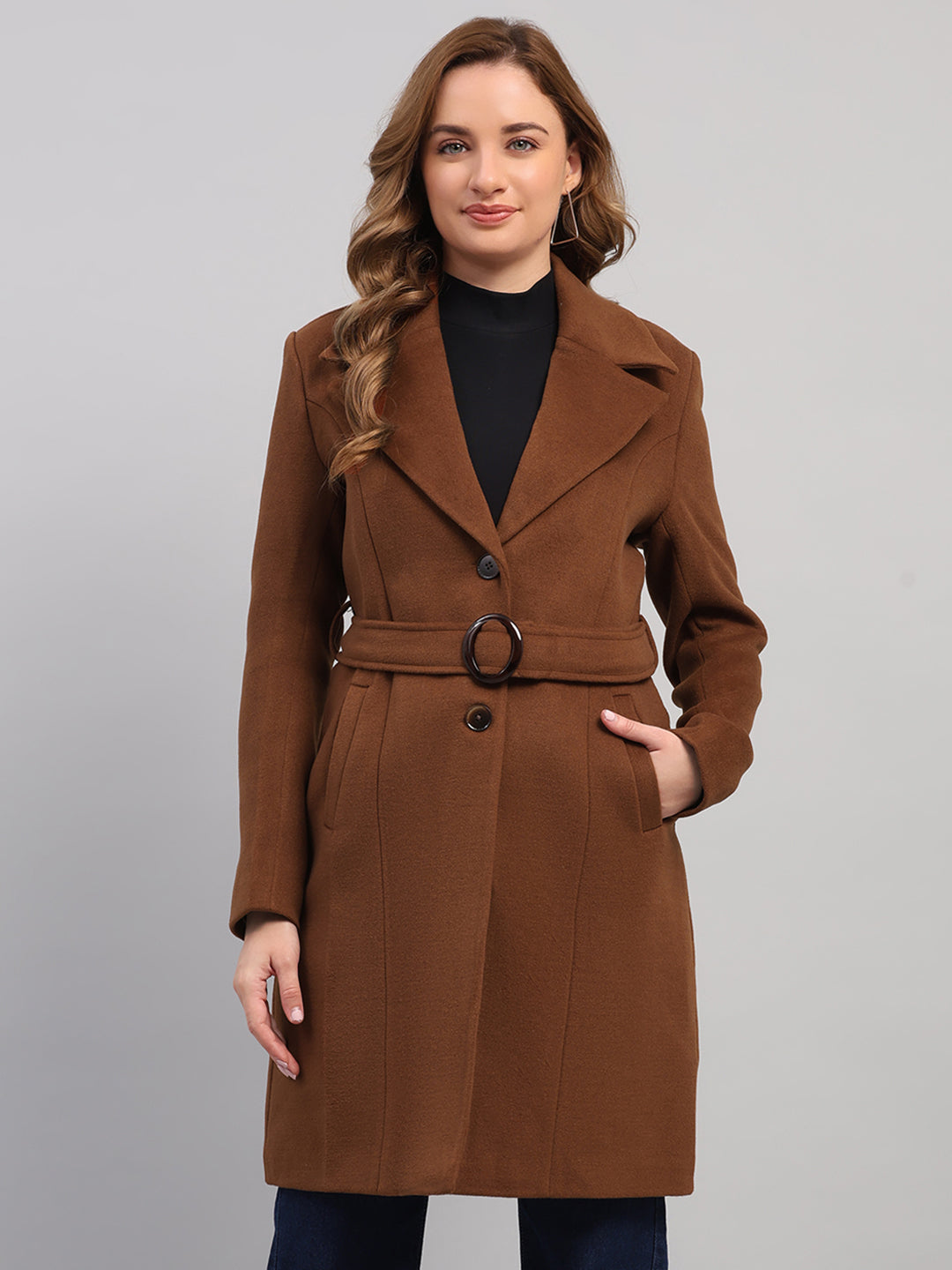 Women Brown Solid Collar Full Sleeve Long Coat